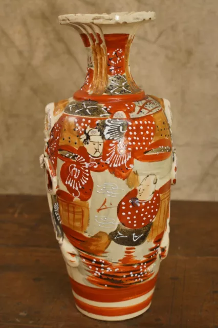 1890's Japanese Satsuma Moriage Handled Vase Samurai Warrior