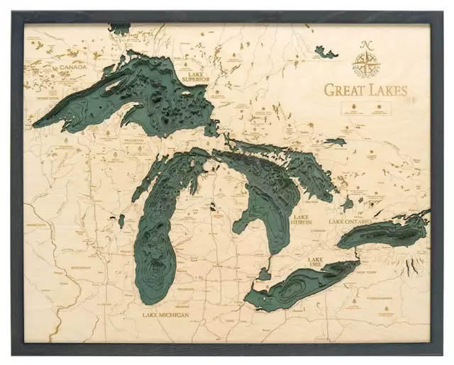 Great Lakes Wood Carved Topographical Depth Chart / Map