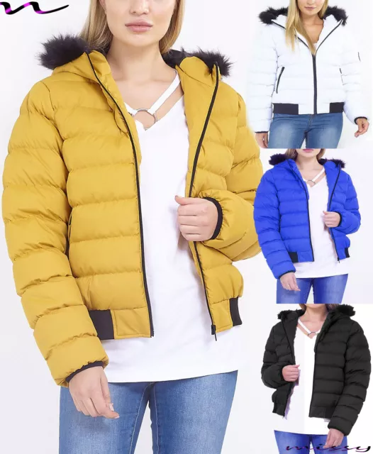 New Womens Ladies Quilted Winter Coat Puffer Fur Collar Hooded Jacket Parka Must