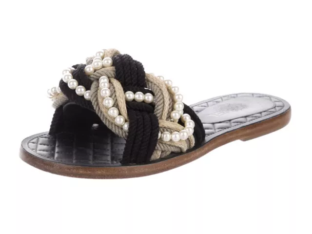 Chanel Two Tone Rope With Faux Pearls Cuba/Paris Slide Sandals Black  ref.839812 - Joli Closet