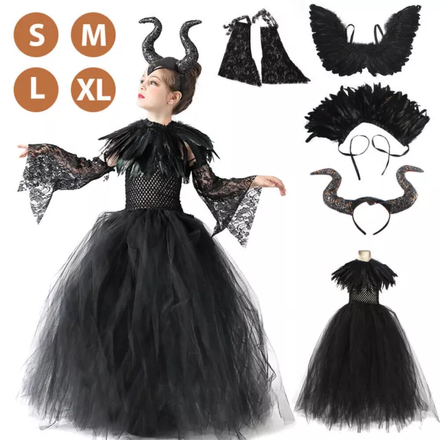 New 5Pc Set Kids Maleficent Cosplay Costume Dress Headband Girl Halloween Outfit