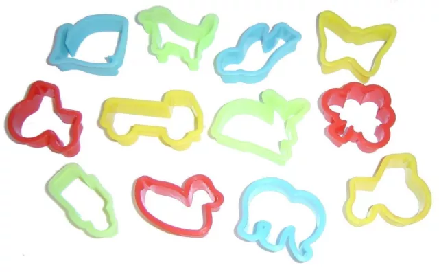 12x Plastic Dough Cookie , Clay Cutters, Assorted Animal & Transport Play Shapes