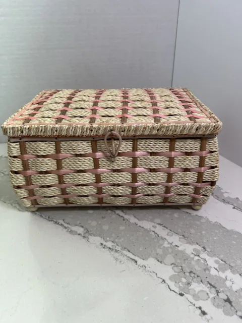 Vintage Wicker Sewing Basket Lined With Peach Fabric