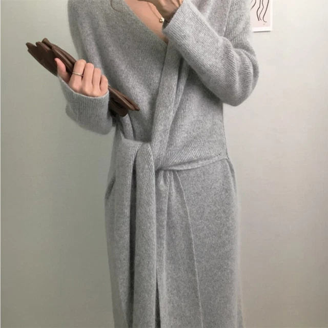 V-Ausschnitt Kreuzband Langes Kleid Herbst Warm Sexy Kleid Stricken