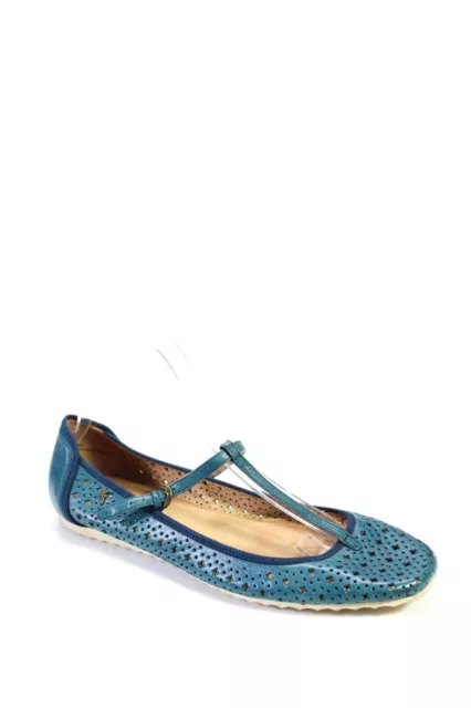 Frye Women's Leather Perforated T-strap Round Toe Flats Blue Size 8.5