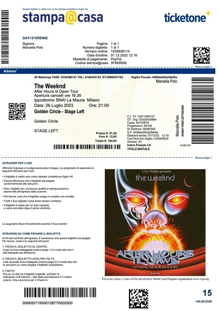biglietto concerto the weeknd milano 26 luglio, golden circle, stage left