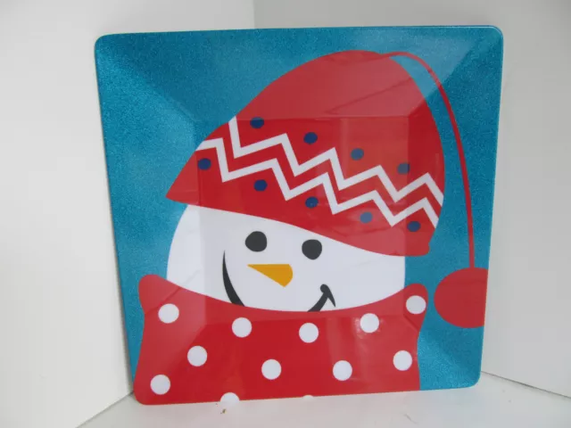 Snowman Christmas Serving Plate 10.5" Square Glitter Look Holiday Cookies C3