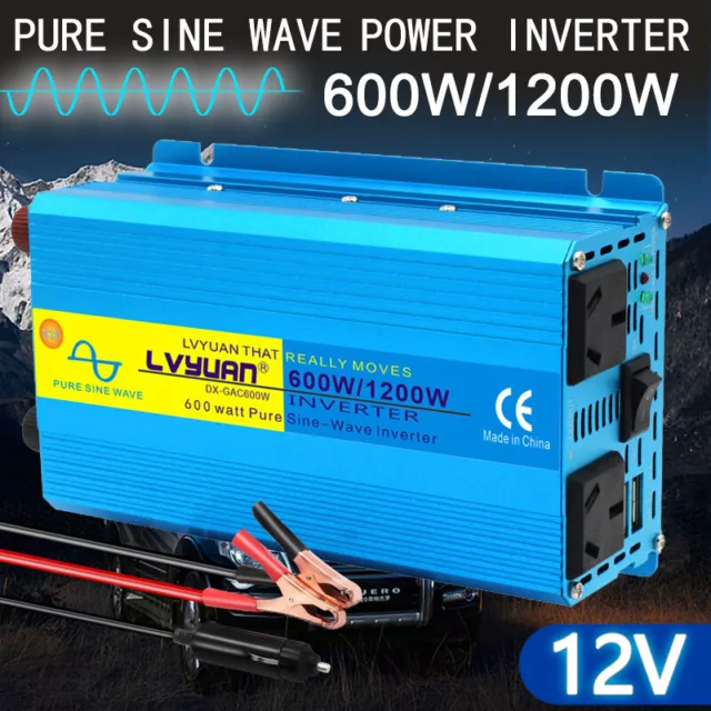 600W 1200W Pure Sine Wave Power Inverter DC 12v To Ac 240V Camp USB Converter