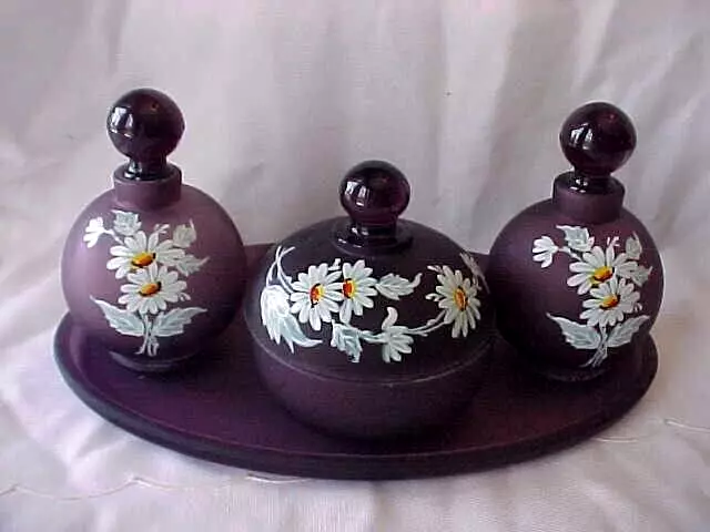 RARE Westmoreland Glass Vanity Dresser Set / Plum Color with Daises / 7 Piece