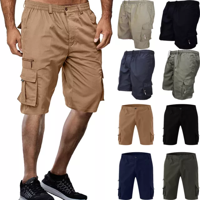 Hommes Taille Élastique Cargo Short Poches Extérieur Combat Travail Casual Pan *