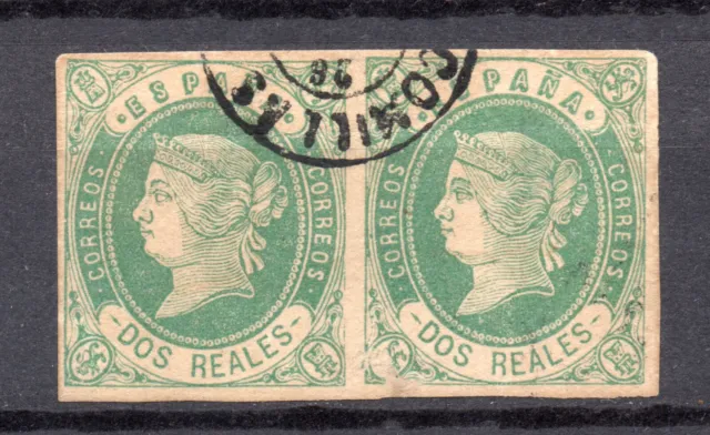 España 1862 - Edifil. Nº 62 Isabel Ii -  2 Reale Verde En Pareja - Mat. Comillas