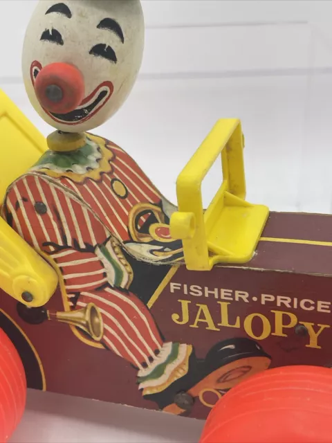 Vintage 1965 Fisher Price Jalopy Circus Clown Pull Toy #724 Wooden made in USA