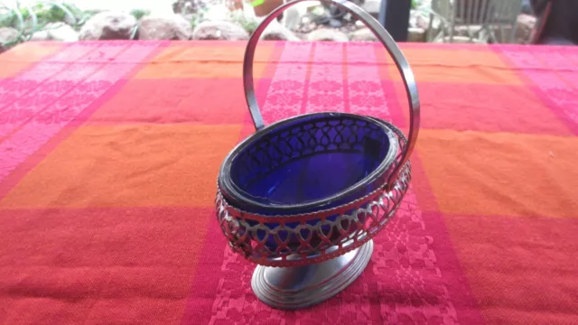 Vintage  Sugar / Bon Bons Cobalt Blue Glass Bowl in chrome basket