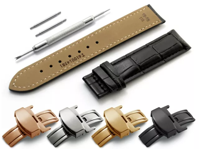 18mm For TISSOT Watch Black Leather Strap Band Deployment Clasp Buckle + Pins