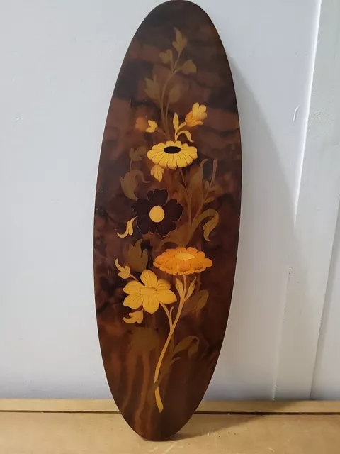 Vtg 80s Burl Wood Marquetry Floral Wall Hanging Plaque 14 X 4.75 Boho