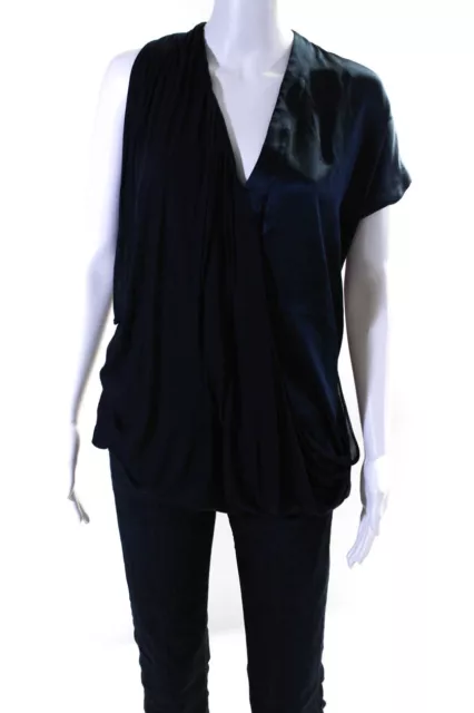 YIGAL AZROUEL WOMENS Navy Silk Blend One Shoulder V-neck Blouse Top ...