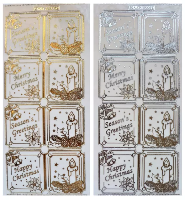 Embossed CHRISTMAS GREETINGS Peel Off Stickers Seasons Merry Gold or Silver