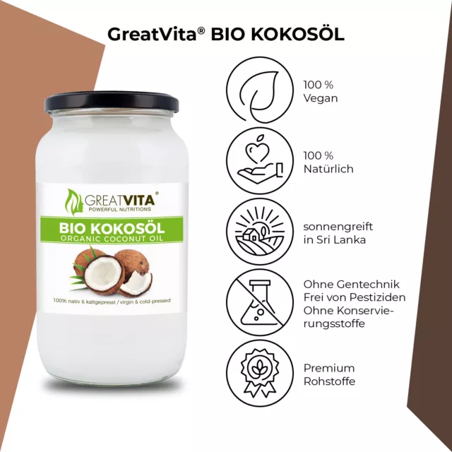 GreatVita Bio Kokosöl 1000 ml Glas, nativ & kaltgepresst zum Kochen & Backen 2