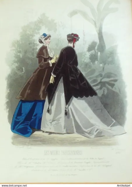 Gravure Modes parisiennes 1866 n°1235 Toilettes de promenade manteaux velours