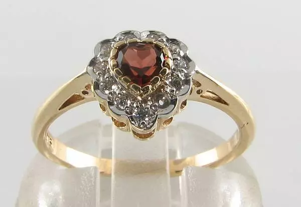 Dainty 9K 9Ct Gold Garnet Diamond Art Deco Ins Heart Halo Ring Free Resize
