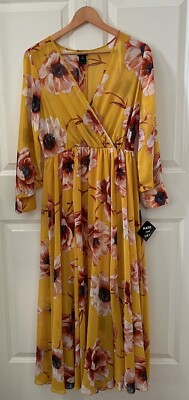 NWT KATE and LILY Yellow Floral Print Chiffon Surplice Maxi Dress Size 8 NWT