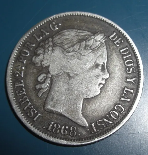 1868 Philippines Queen Isabella Ii Spain 20 Centimos Silver Coin