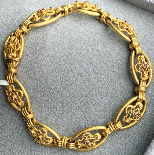 18K Yellow Gold Ruby Filigree Scrolls Oval Link Bracelet 7.5" Victorian Revival