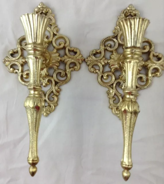 Vtg Pair Metal Wall Sconce Gold Filigree Hollywood Regency for Taper or Peg 11x6