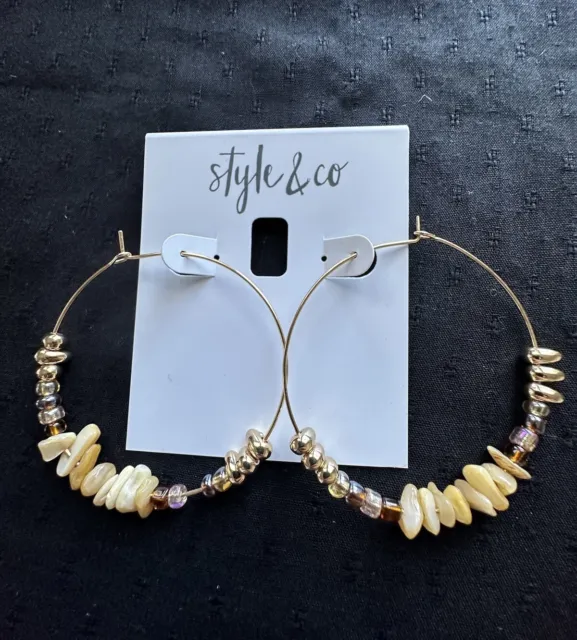 Style and Co Beige Color Beaded Hoop Earrings In Gold Tone New MRSP $24.50