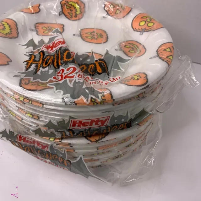 Vintage Hefty Halloween Pumpkin Styrofoam Plates 2000 NOS Set of 2 Packs of 32 !