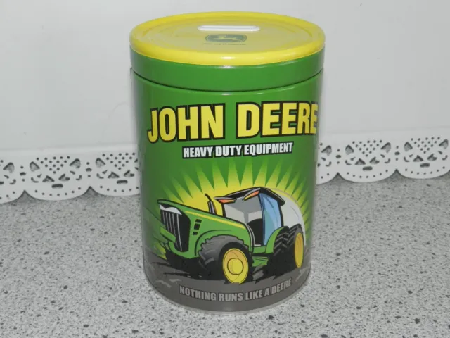 John Deere Heavy Duty Equipment Tractor Tin Bank Canister Advertising