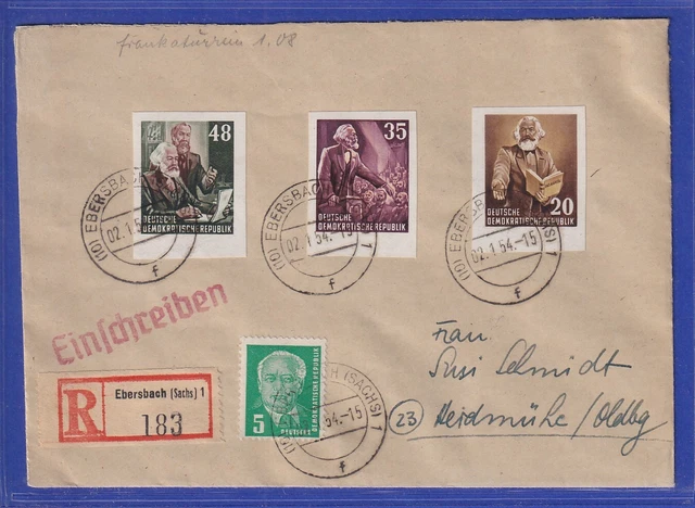 DDR 1954 R-Brief von Ebersbach nach Heidmühle. Einzelmarken aus Marx-Block !