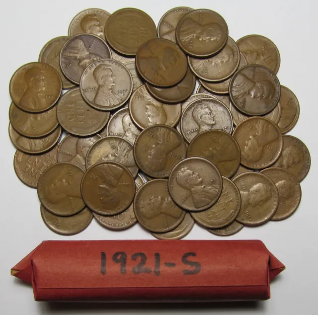 1921-S Lincoln Cents/Wheat Penny Roll of 50 Average Circulated Good+ Pennies Lot