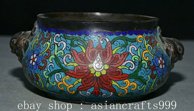 6.8" Qianlong Marked Old China Cloisonne Bronze Flower Lion Head Incense Burner