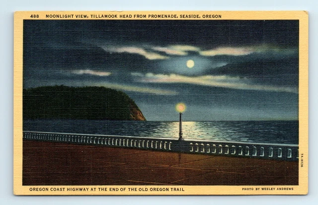 SEASIDE, OR Postcard - MOONLIGHT VIEW TILLAMOOK HEAD PROMENADE -Oregon Trail
