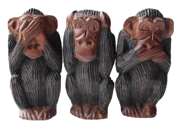 African Art Hand-Carved Wooden 3 Wise Monkeys-Hear, Speak & See No Evil  5” Tall