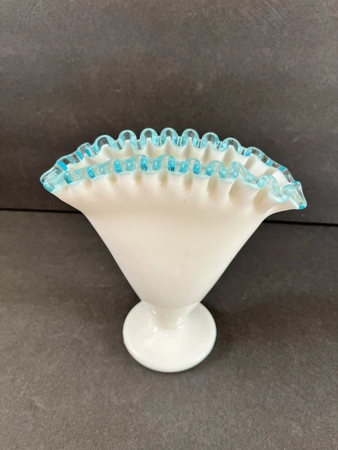 Fenton Fan Vase Milk White to Aqua Silver Crest Ribbed Top Opalescent 6.5”