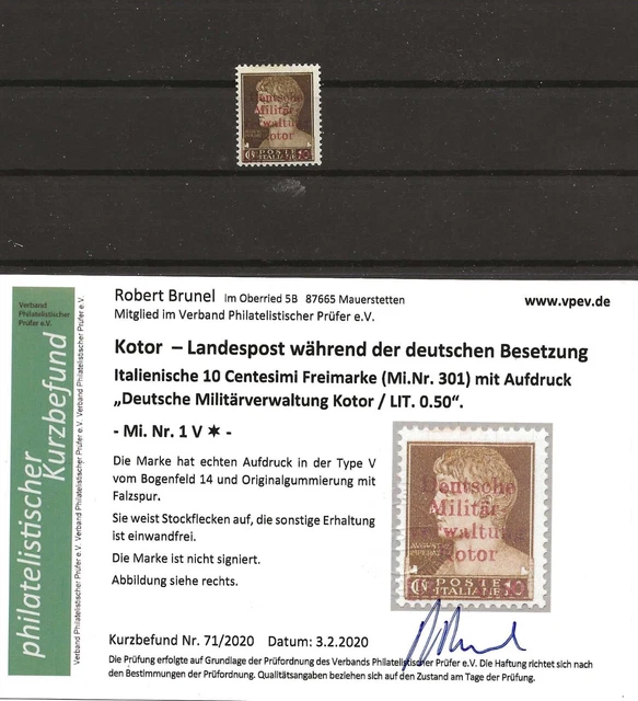 Kotor 1 Typ V  */MH; Fotobefund Brunel; Michel `20: € 350,-