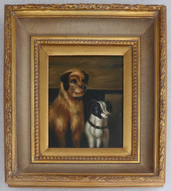 Vintage Framed Antique Primitive Folk Art Style Oil Painting 2 Terrier Dogs 18”