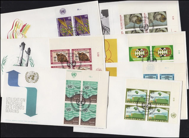UN Geneva 15-21 Vintage 1971 ER Four Blocks TOP with TAB, 7 Jewelry FDC GENEVA