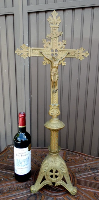 Antique 26,5" large french religious bronze altar crucifix cross Antique 26,5" large french religious bronze altar crucifix cross