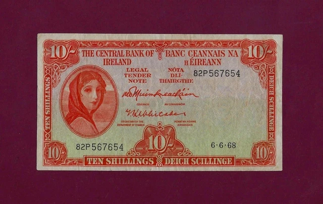 IRELAND REPUBLIC 10 Shillings 1968 P-63 VF+ KEY DATE
