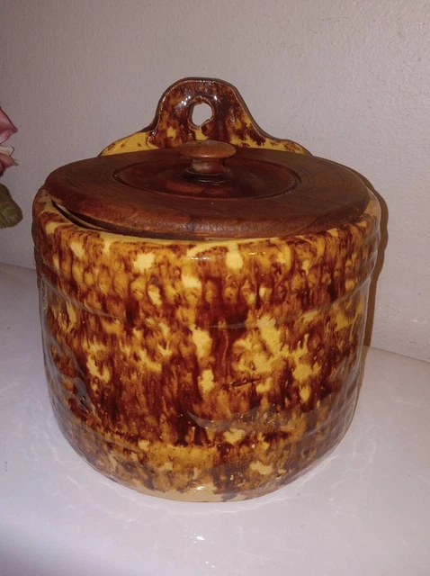 Vintage Primitive Yellowware Spongeware Stoneware Pottery Salt Keep Sugar Keep