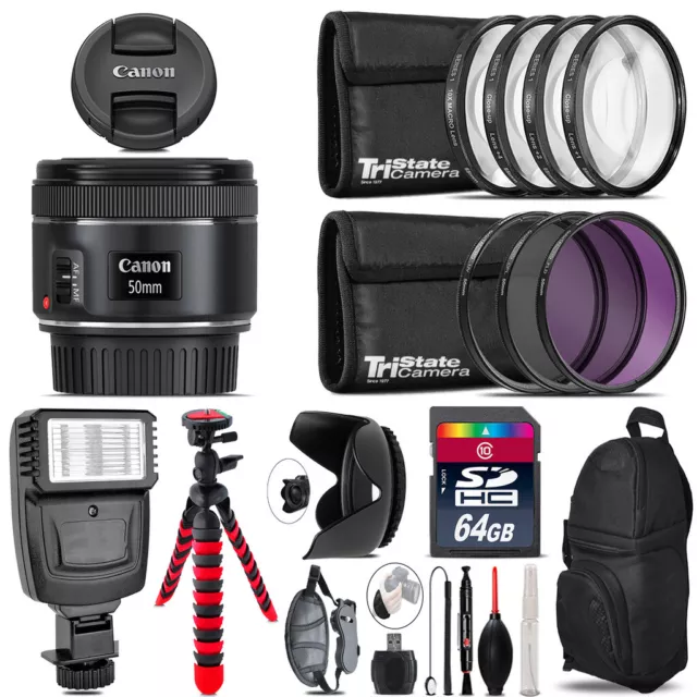 Canon EF 50mm f/1.8 STM Lens + Flash +  Tripod & More - 64GB Accessory Kit