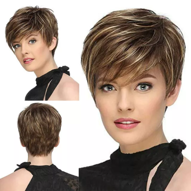 Women Natural Brown Wig Short Human Hair Pixie Cut Wig African American Full Wig