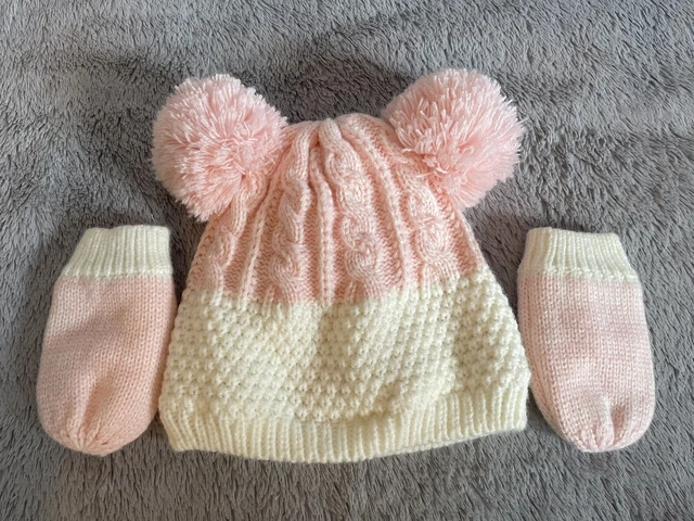 Baby Girls Bobble Hat & Mittens, Nutmeg, Pink Cable Knit, Size 12-18 Months