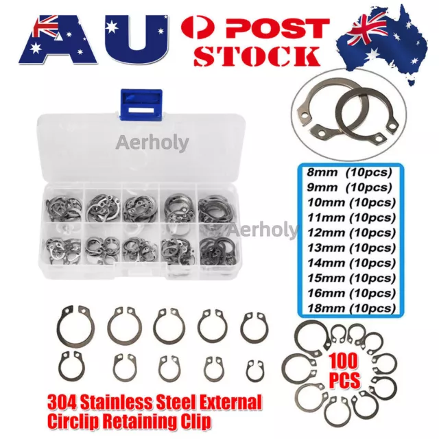 100pcs 304 Stainless Steel External Circlip Retaining Clip Ring Kit 8-18mm AU C