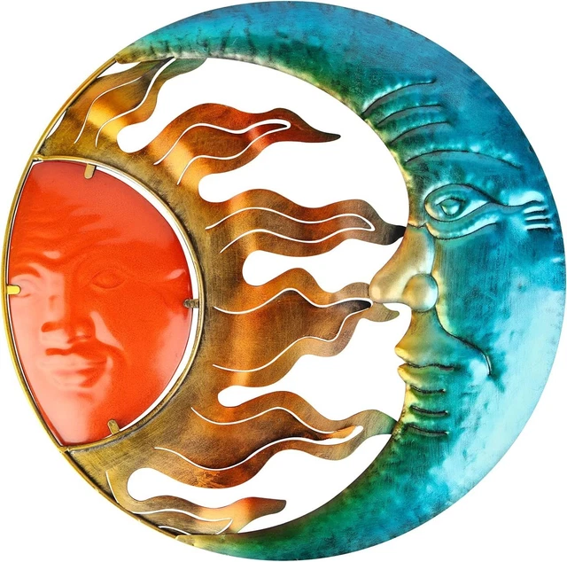 Metal Sun Moon Face Wall Plaque Decor Hang Art Patio Fence Porch Home Garden