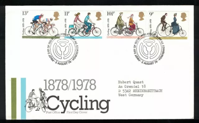 FDC Großbritannien 1978, Fahrrad, 100 Jahre britischer Radfahrer-Club