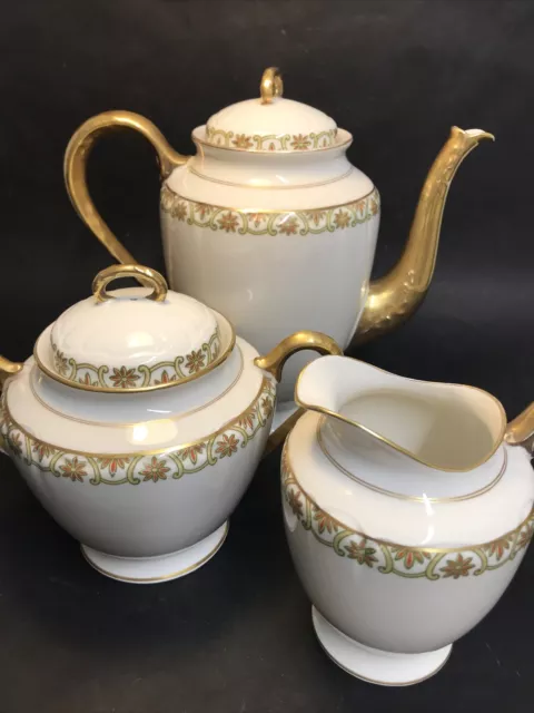 Vintage Limoges France China Gold Floral Coffee Pot Lidded Sugar & Cream Jug 2